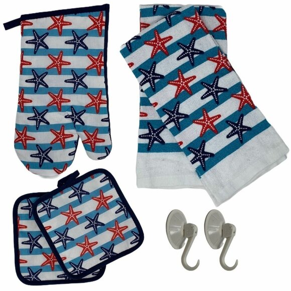 Nautical Oven Mitt Pot Holder Terry Cloth Kitchen Towel Striped Starfish Coastal - Picture 1 of 5